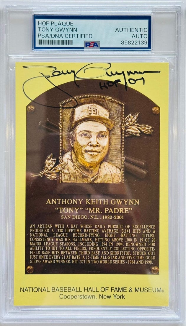 Hall of Fame Autographed Plaque By Tony Gwynn PSA: Hall of Fame Autographed Plaque By Tony Gwynn PSA Signed in black sharpie across the front of the card with inscription"HOF 07" by Tony Gwynn, this Hall of Fame Autographed Plaque is a unique piece fo