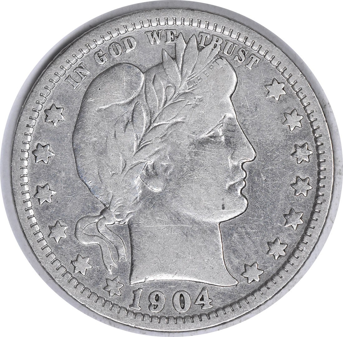 1904-O Barber Silver Quarter F Uncertified: 1904-O Barber Silver Quarter F Uncertified The 1904-O Barber Silver Quarter F Uncertified is a circulated coin with a rich history, bearing the signature of Charles E. Barber, the renowned designer be
