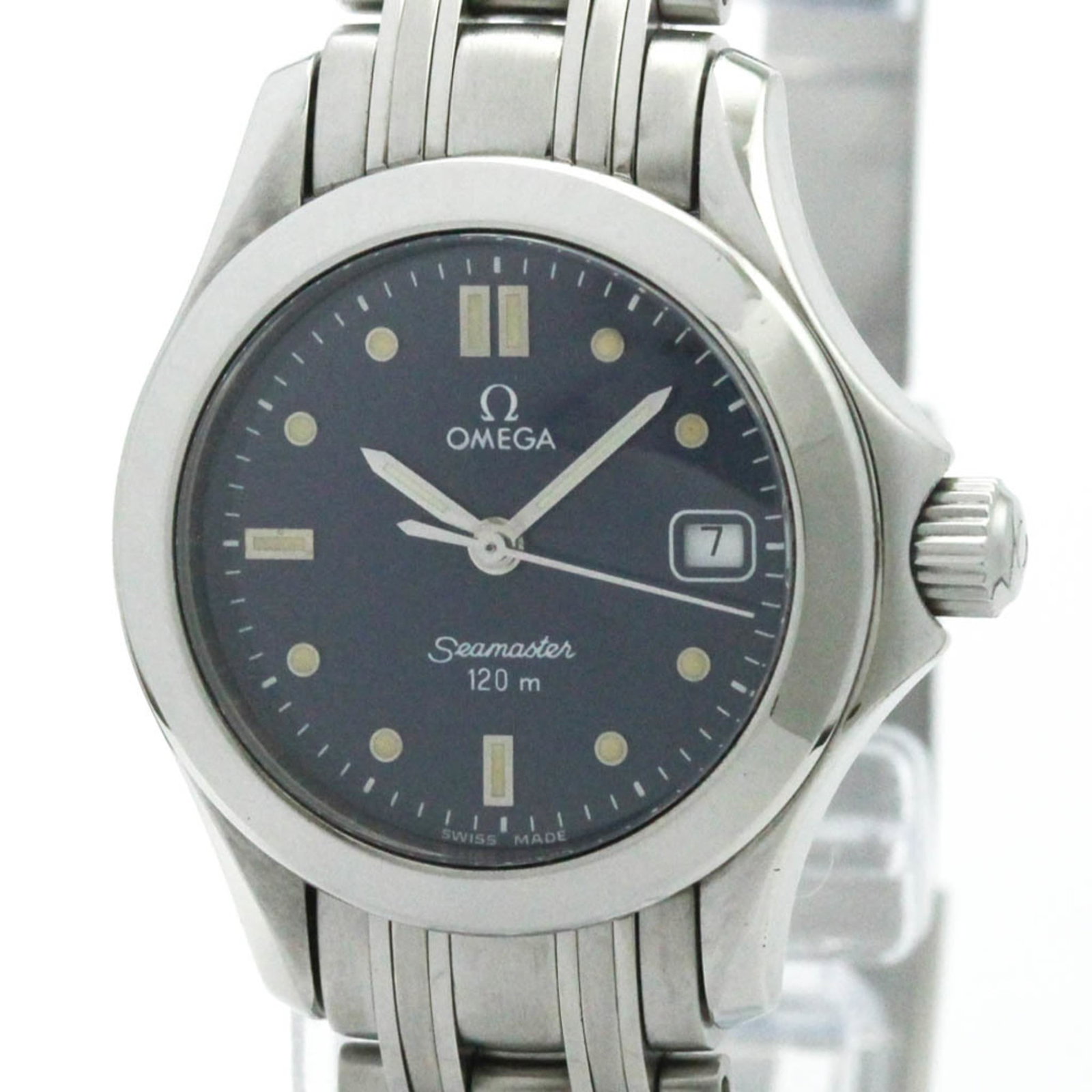 Omega Wristwatch: Omega Wristwatch Stainless steel case and band, the Omega Seamaster watch boasts a sleek design with a blue dial. Powered by a reliable quartz movement, it features date functionality for added conven