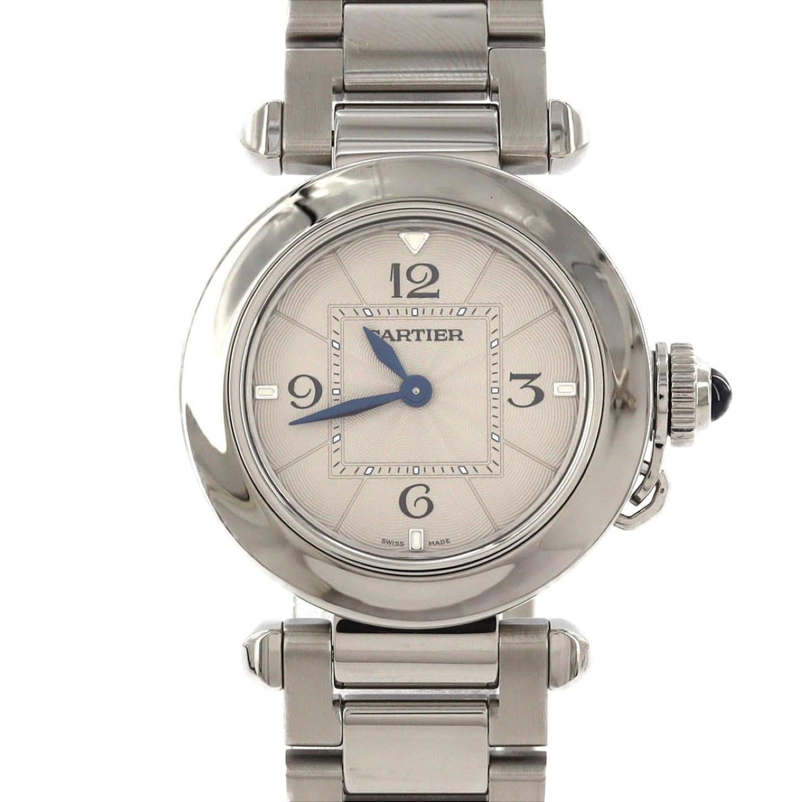 Cartier Wristwatch: Cartier Wristwatch Stainless steel case and band, the Cartier wristwatch boasts a sleek silver dial. With its quartz movement and compact 30mm diameter, this stylish timepiece is designed for everyday