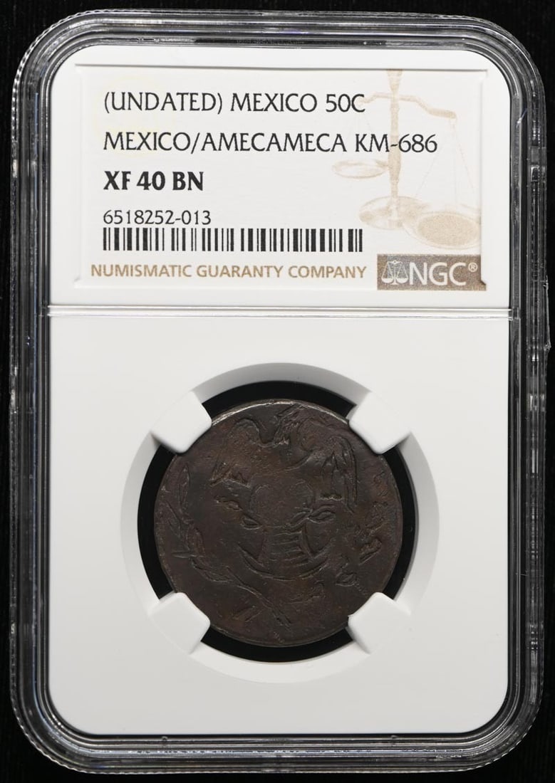 (UNDATED) MEXICO MEXICO/ AMECAMECA KM-686 GB-254 50C NGC XF40BN: (UNDATED) MEXICO MEXICO/ AMECAMECA KM-686 GB-254 50C NGC XF40BN NGC XF40BN, a circulated Mexican coin featuring the KM-686 and GB-254 designs, boasts a rich history and unique characteristics. With it