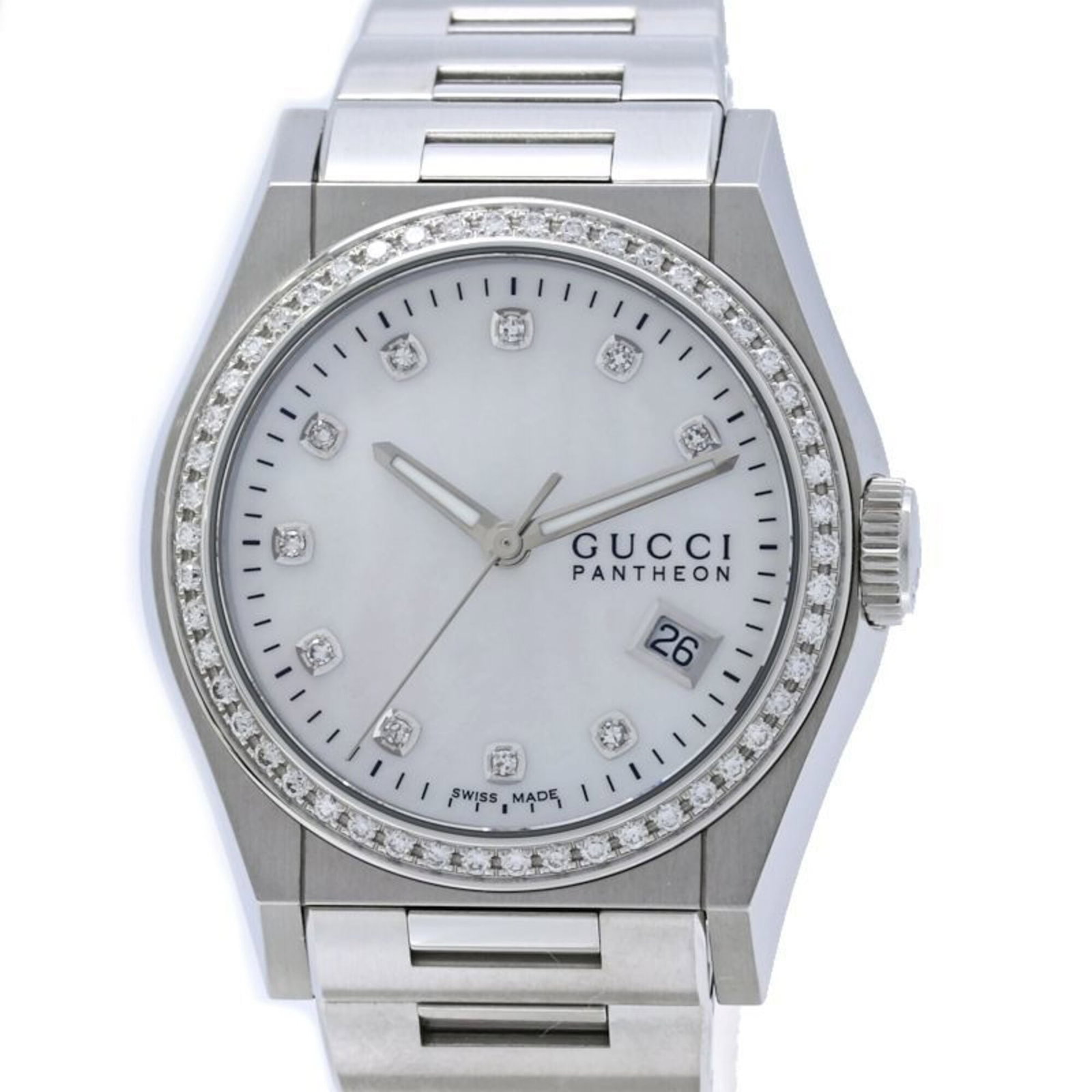 Wristwatch from Gucci: Wristwatch from Gucci Stainless steel case and band, the Gucci wristwatch boasts a sleek white shell dial. With a quartz movement and 36mm diameter, this timepiece is designed to keep perfect time. Me
