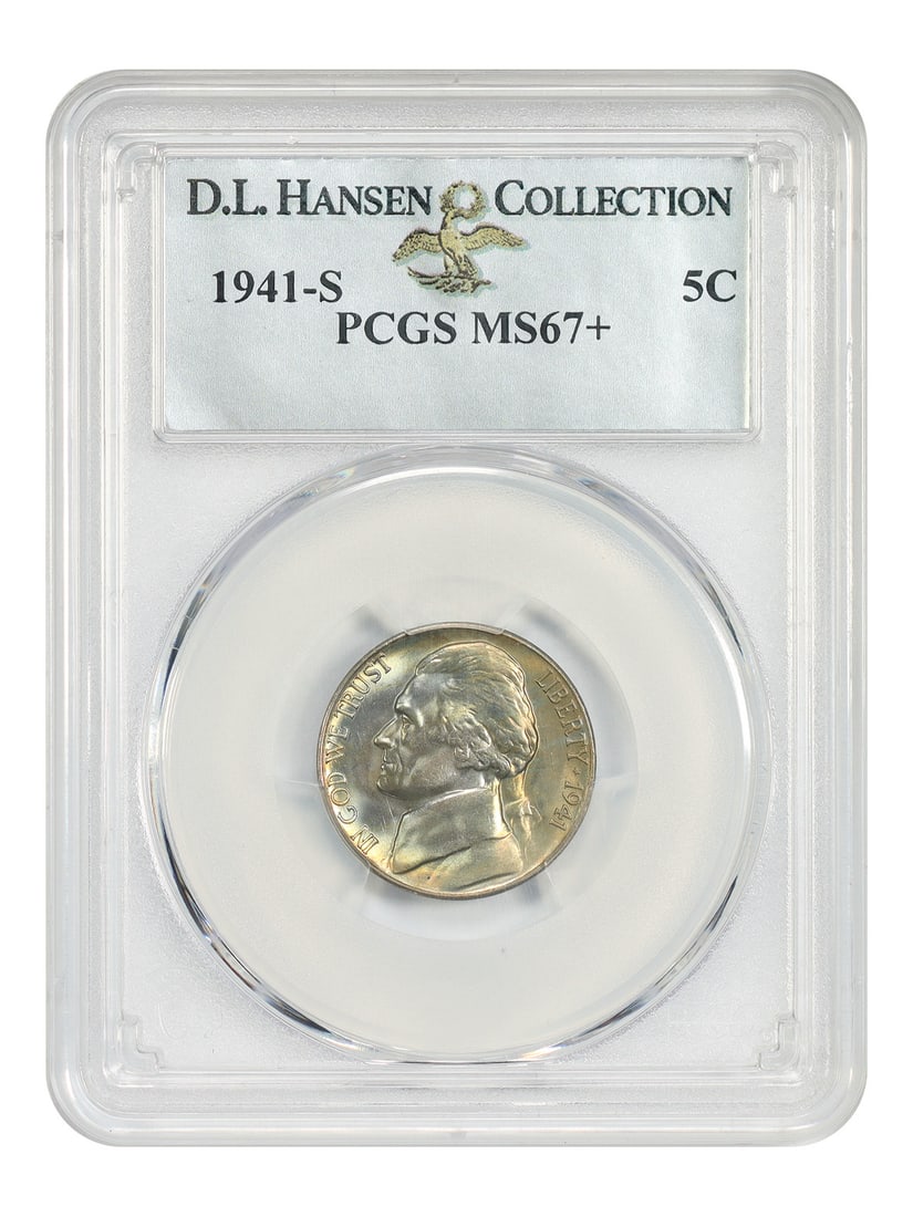 1941-S 5c PCGS MS67+ ex: D.L. Hansen: 1941-S 5c PCGS MS67+ ex: D.L. Hansen 1941-S 5c MS67+ ex: D.L. Hansen - A highly graded uncirculated Lincoln Wheat cent from the San Francisco Mint, certified by PCGS as MS67+, with a notable provenanc