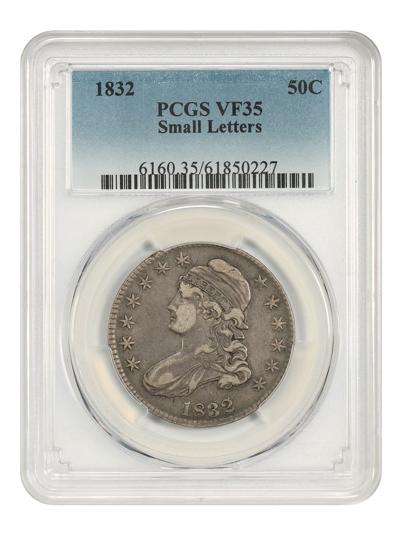 1832 50C PCGS VF35 (Small Letters) - Capped Bust Half Dollar: 1832 50C PCGS VF35 (Small Letters) - Capped Bust Half Dollar The 1832 Capped Bust Half Dollar, graded VF35 by PCGS, showcases a well-worn design from an early era in American numismatics. With its Sma