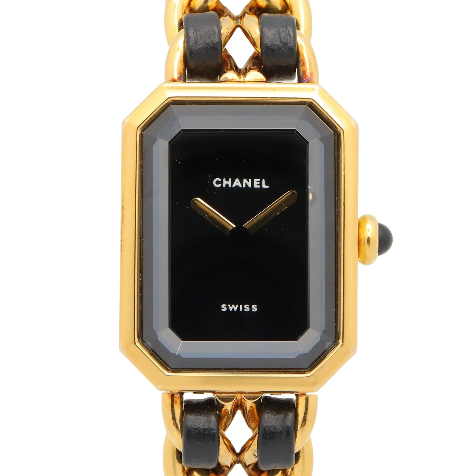 Chanel Wristwatch: Chanel Wristwatch Gold plated, leather-strapped Chanel wristwatch with a black dial and quartz movement. Measuring 20mm in diameter, this stylish timepiece features a sleek design that complements its
