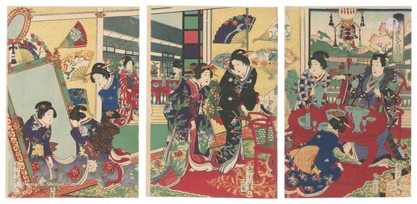 Kunichika Toyohara Imayo Genji Sekihitsu 1869 Japanese Woodblock Print Triptych: Kunichika Toyohara Imayo Genji Sekihitsu 1869 Japanese Woodblock Print Triptych Item Specifics: Artist: Toyohara Kunichika Subject: The Tale of Genji Kabuki Material: Washi Paper Style: Japanese Year