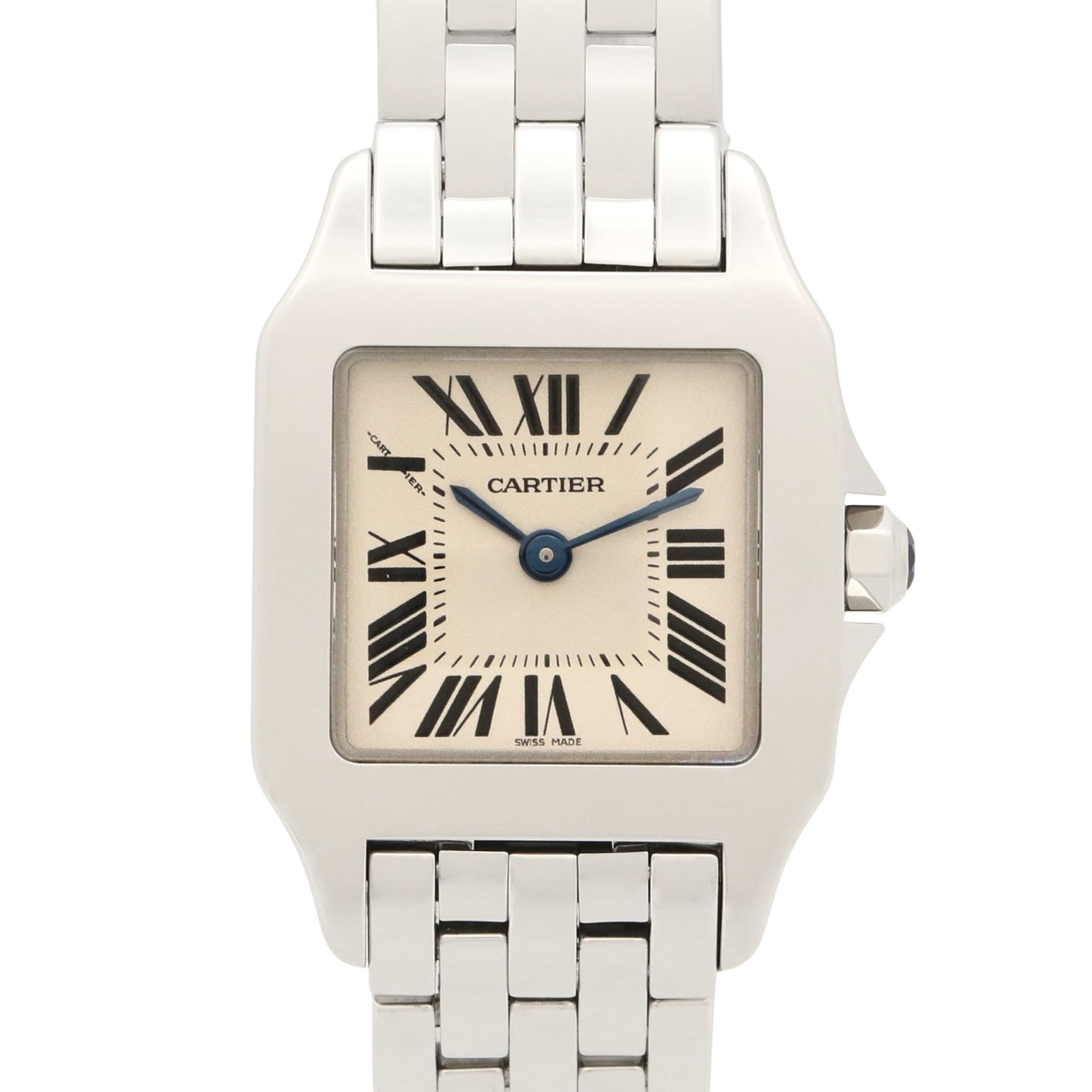 Cartier Wristwatch: Cartier Wristwatch Stainless steel case and band add a sleek touch to this Cartier wristwatch, featuring an ivory dial. The quartz movement keeps time with precision, while the 20mm diameter case