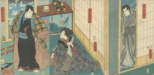 Kabuki woodblock print triptych Toyokuni III Azuma Kudari 1854 Edo ukiyo e: Kabuki woodblock print triptych Toyokuni III Azuma Kudari 1854 Edo ukiyo e Item Specifics: Artist: Toyokuni III Subject: Kabuki Theater Material: Washi Paper Style: Japanese Year Of Production: 1854 P
