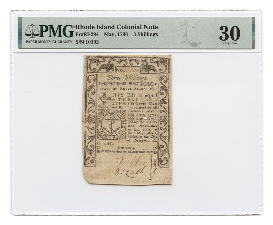 FR. RI-294 May, 1786 3 Shillings Rhode Island Colonial Note PMG VF30 (Small Hole: FR. RI-294 May, 1786 3 Shillings Rhode Island Colonial Note PMG VF30 (Small Hole The FR. RI-294 May, 1786 3 Shillings Rhode Island Colonial Note features a small hole and is certified by PMG as VF30. 