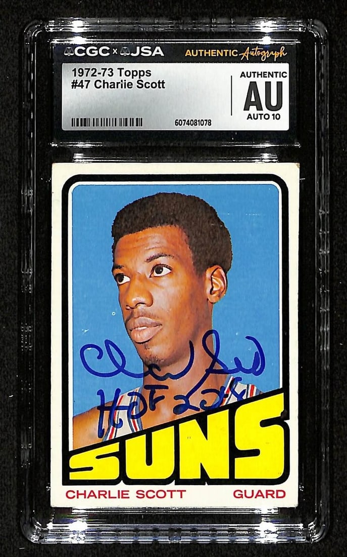Charlie Scott HOF Signed/ Inscr 1972-73 TOPPS Card #47 Suns CGC/ JSA 200552: Charlie Scott HOF Signed/ Inscr 1972-73 TOPPS Card #47 Suns CGC/ JSA 200552 Charlie Scott's 1972-73 Topps card, featuring the Hall of Fame guard, is a highly sought-after collectible. Signed and inscr