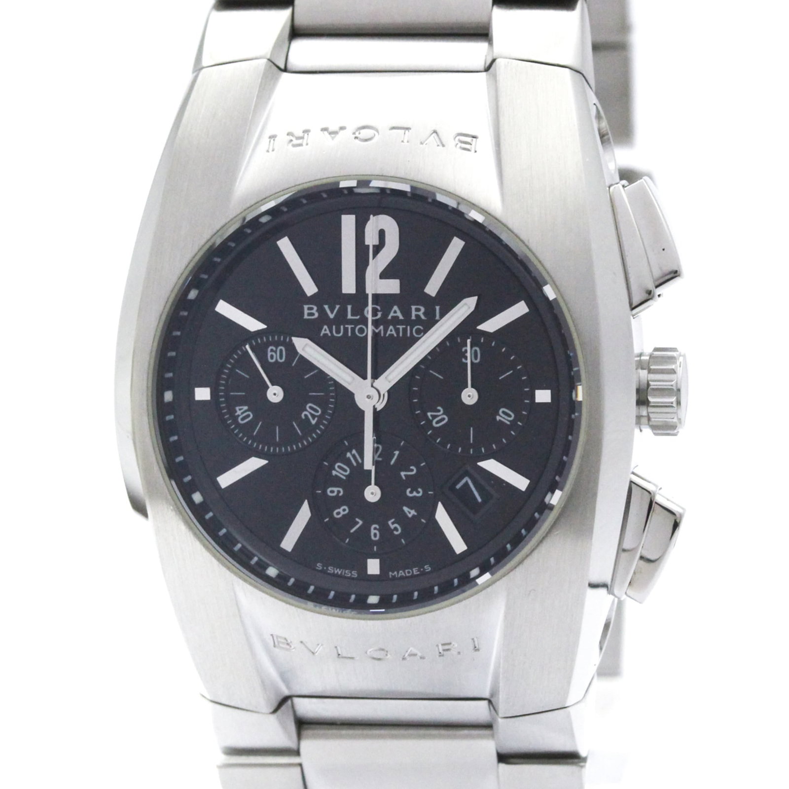 Bvlgari Wristwatch: Bvlgari Wristwatch Stainless steel case and band, the Bvlgari Ergon wristwatch boasts a sleek black dial. Powered by a self-winding automatic movement, this chronograph watch also features a date