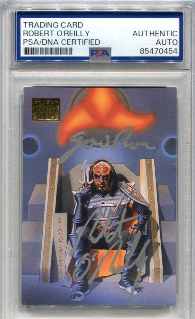 Skybox Star Trek The Next Generation Authentic Auto PSA Robert O'reilly 1994: Skybox Star Trek The Next Generation Authentic Auto PSA Robert O'reilly 1994 Signed in silver sharpie, Robert O'Reilly's signature bears on the PSA Authentic Auto card. This Skybox Star Trek The Next 