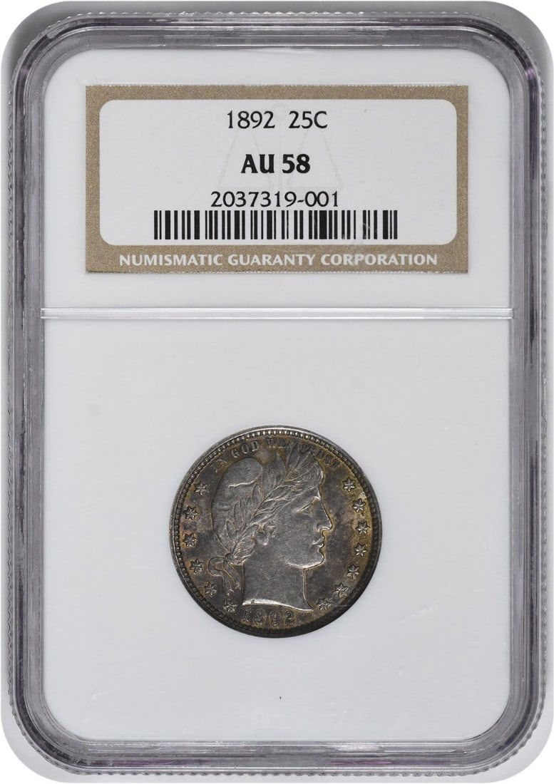 Barber Quarter Silver Quarter AU58 NGC: Barber Quarter Silver Quarter AU58 NGC The 1892 Barber Quarter Silver Quarter features a striking design by Charles E. Barber, with its reeded edge and 90% silver composition making it a notable piece