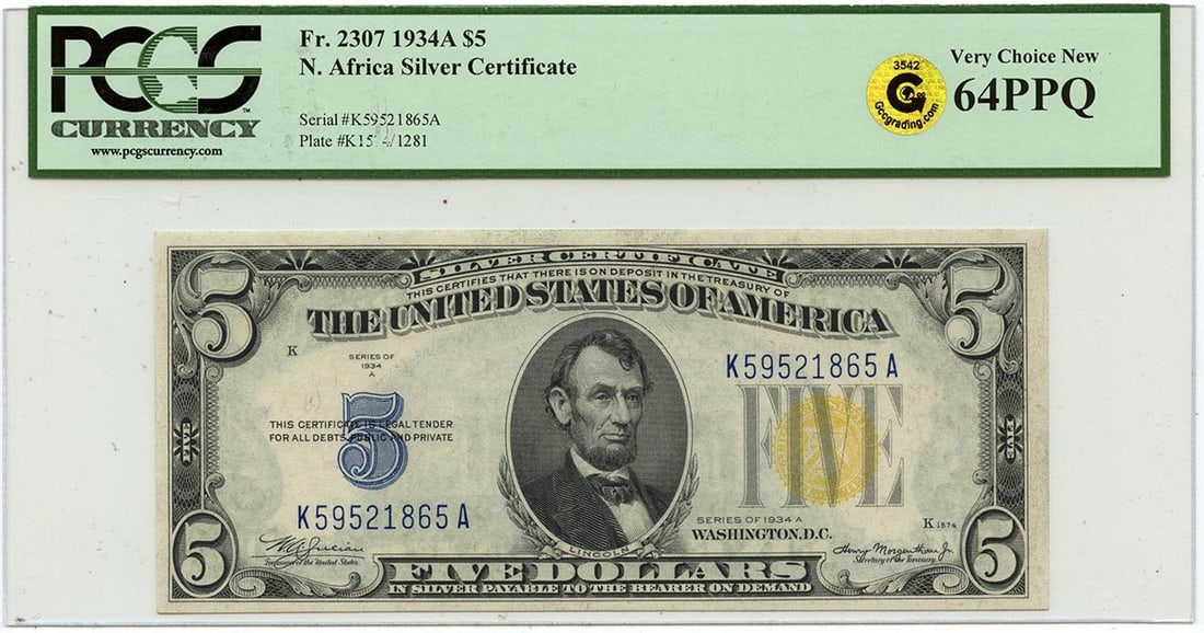 1934A $5 N. Africa Silver Certificate FR#2307 PCGS CH 64 PPQ GCC Gold: 1934A $5 N. Africa Silver Certificate FR#2307 PCGS CH 64 PPQ GCC Gold The 1934A $5 N. Africa Silver Certificate, graded MS64 by PCGS and bearing the PPQ designation, boasts a stunning certification nu