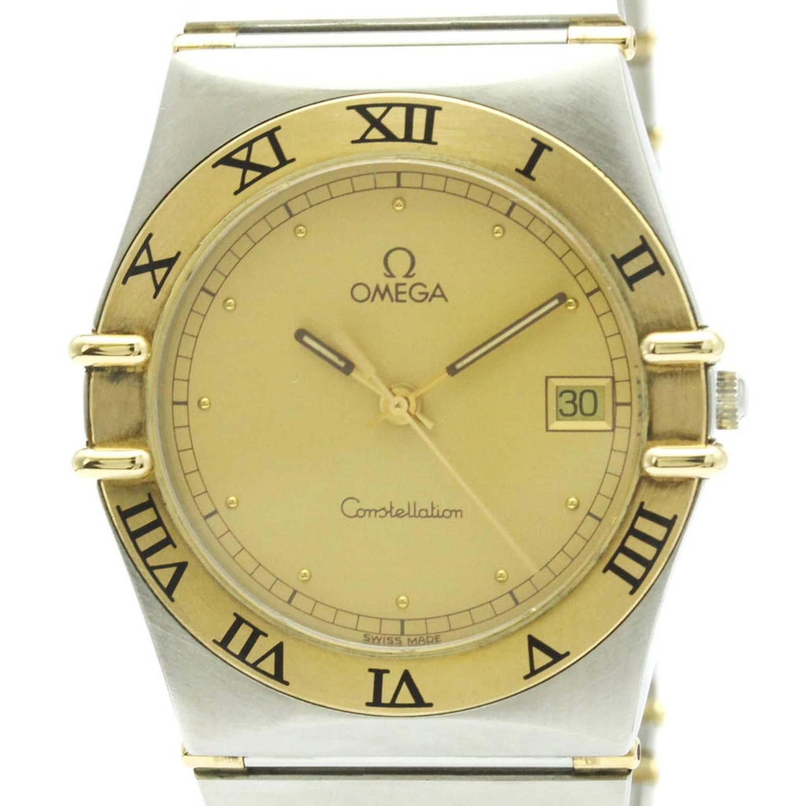 Omega Wristwatch: Omega Wristwatch Omega Constellation Wristwatch with Yellow Gold Case and Band, featuring a gold dial and quartz movement. This 33mm stainless steel and yellow gold watch weighs 70g and comes with no 
