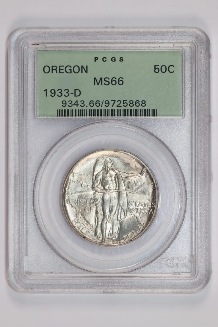 Oregon Commemorative Half Dollar PCGS MS66 OGH: Oregon Commemorative Half Dollar PCGS MS66 OGH PCGS MS66 OGH Commemorative Half Dollar - A Rare and Highly Detailed Coin. This 1933 commemorative half dollar, certified by PCGS as MS66 OGH, showcases 