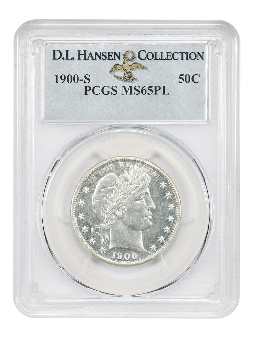 1900-S 50C PCGS MS65PL ex: D.L. Hansen - Barber Half Dollar: 1900-S 50C PCGS MS65PL ex: D.L. Hansen - Barber Half Dollar The 1900-S Barber Half Dollar, graded MS65PL by PCGS, boasts exceptional mint state condition and a rich history as an ex-D.L. Hansen coin, 