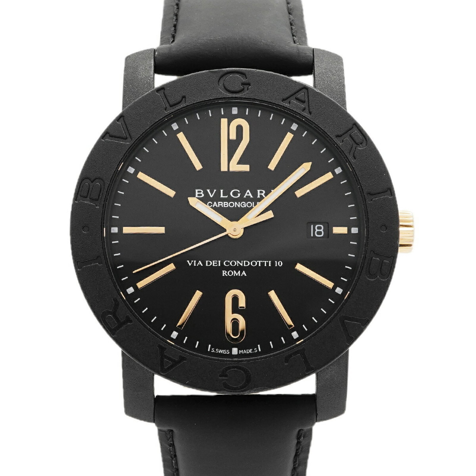 Bvlgari Wristwatch: Bvlgari Wristwatch Bvlgari's sleek black leather band wraps around the wrist, complemented by a self-winding automatic movement. The 40mm case diameter provides a comfortable fit for wrists up to 19cm