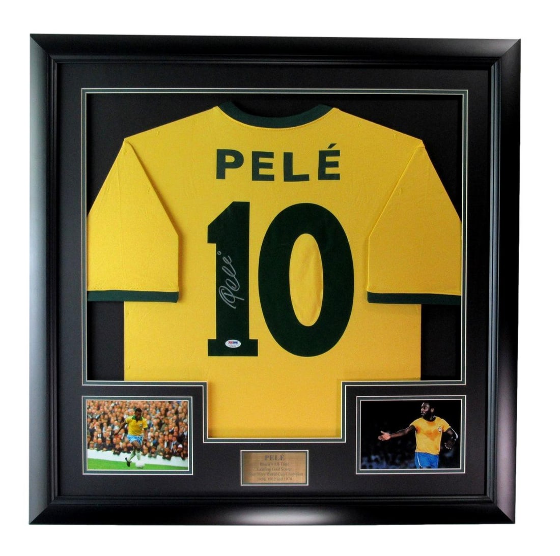 Brazil Yellow Soccer Jersey Framed Signed Autographed Pele 193534: Brazil Yellow Soccer Jersey Framed Signed Autographed Pele 193534 Authentic Brazil Yellow Soccer Jersey Framed with Signed Autograph by Pele. This unique piece features an officially authenticated jer