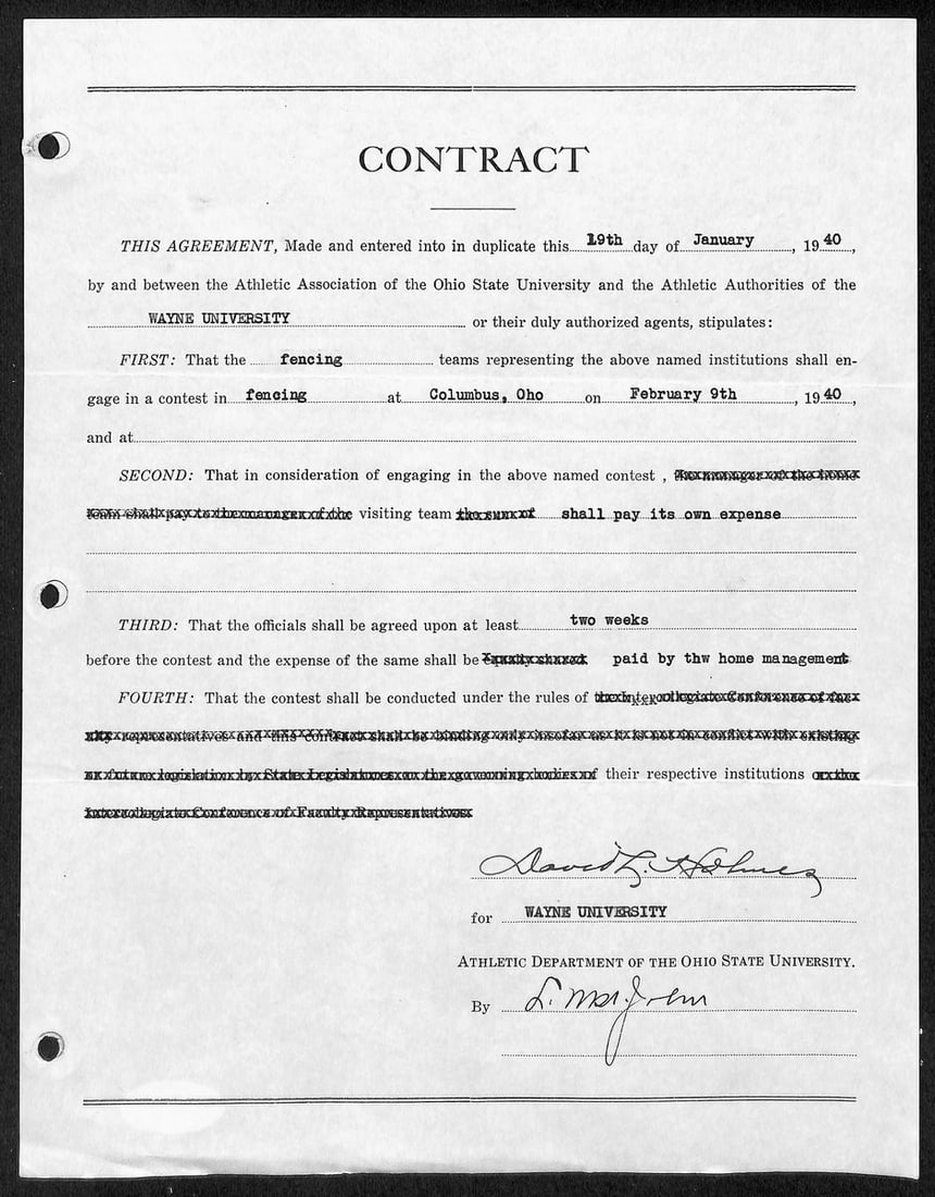Signed 1940 contract Lynn John St HOF Ohio State & Wayne U JSA (1 of 3)