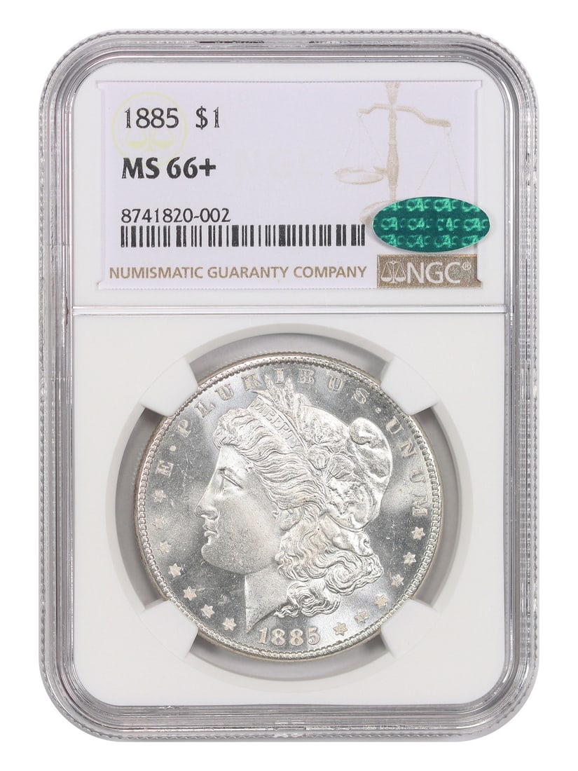 1885 $1 NGC/ CAC MS66+ - Morgan Dollar - Flashy Example: 1885 $1 NGC/ CAC MS66+ - Morgan Dollar - Flashy Example The 1885 $1 Morgan Dollar on display boasts an impressive NGC/ CAC MS66+ grade, showcasing exceptional detail and luster. This uncirculated coin