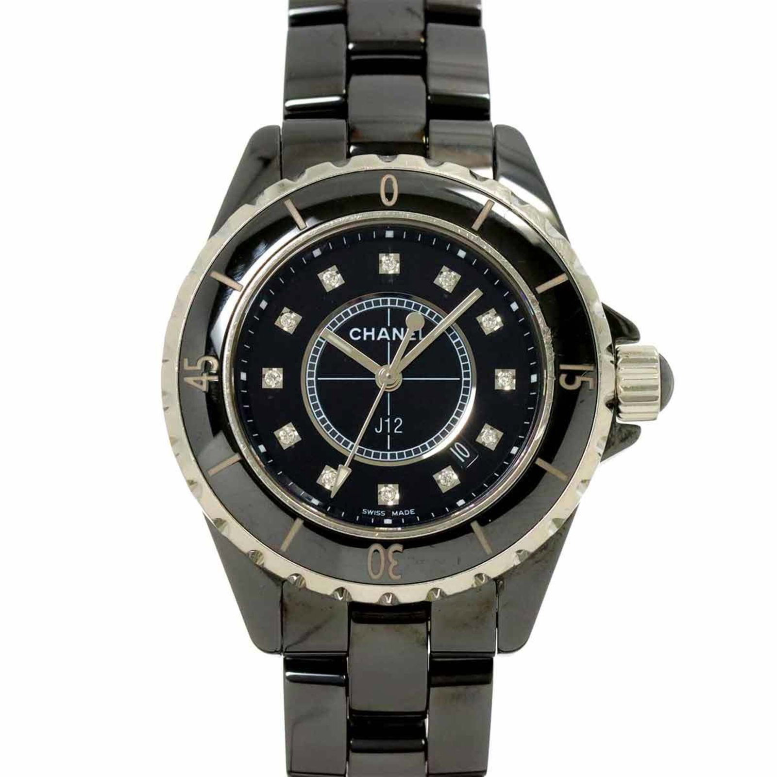 Chanel Wristwatch: Chanel Wristwatch Ceramic and stainless steel construction provides durability, while the black dial adds a sleek touch. This quartz-powered Chanel wristwatch features a 34mm case diameter and adjusta