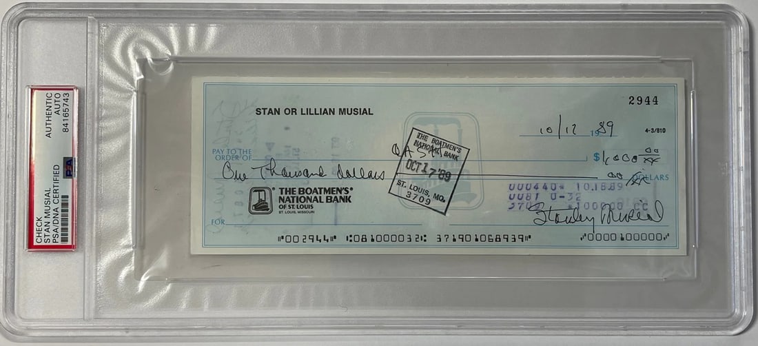 Stan Musial Autographed Personal Check signed twice (PSA) (1 of 2)