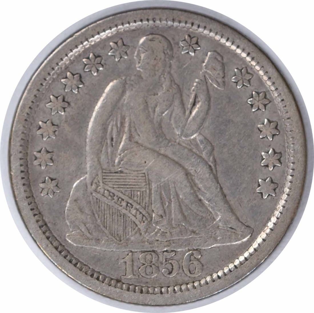 1856 Liberty Seated Silver Dime Large Date VF Uncertified: 1856 Liberty Seated Silver Dime Large Date VF Uncertified The 1856 Liberty Seated Silver Dime Large Date is a highly detailed and intricate coin, featuring the iconic Seated Liberty design by Christia