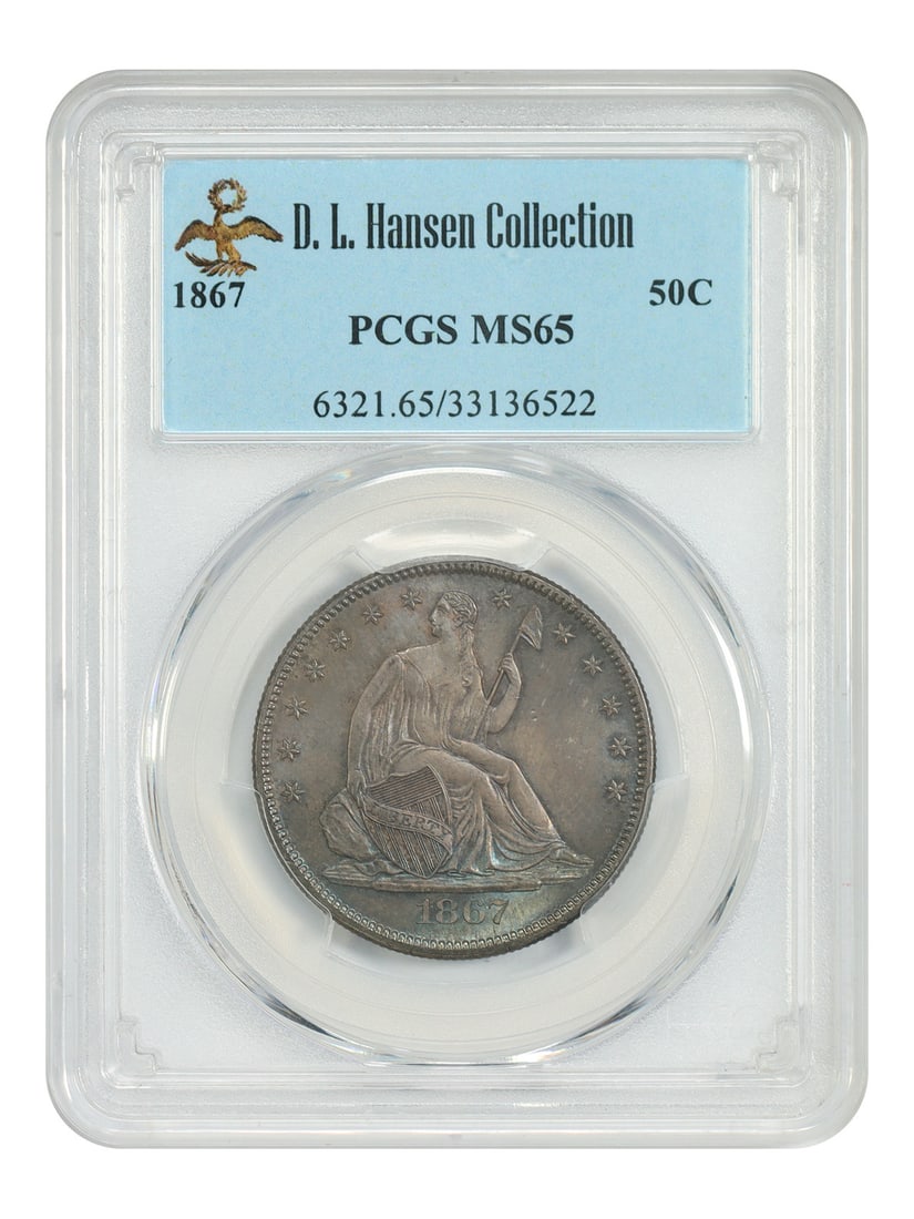 PCGS MS65 50c ex D.L. Hansen: PCGS MS65 50c ex D.L. Hansen PCGS MS65 50c ex D.L. Hansen features an uncirculated 1867 Philadelphia half cent with a high level of detail and preservation, certified by the esteemed Professional Coin