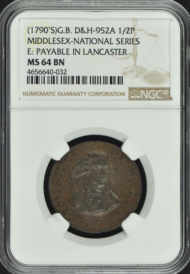 (1790'S) G.B. D&H-952A NGC MS64BN 1/ 2P MIDDLESEX-NATIONAL Conder Token (1 of 1)
