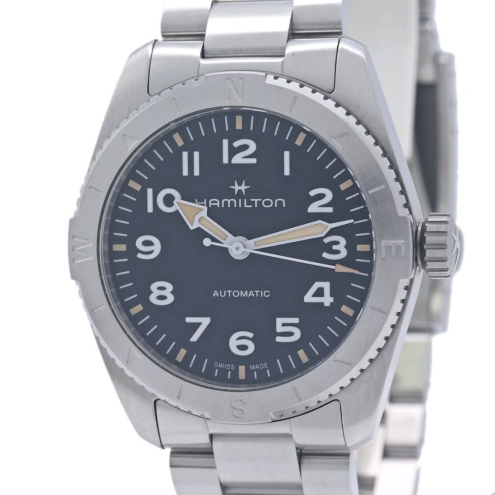 Hamilton Wristwatch: Hamilton Wristwatch Stainless steel case and band add a sleek touch to this automatic self-winding Hamilton wristwatch, featuring a black dial. Measuring 37mm in diameter, it's designed for wrists up 