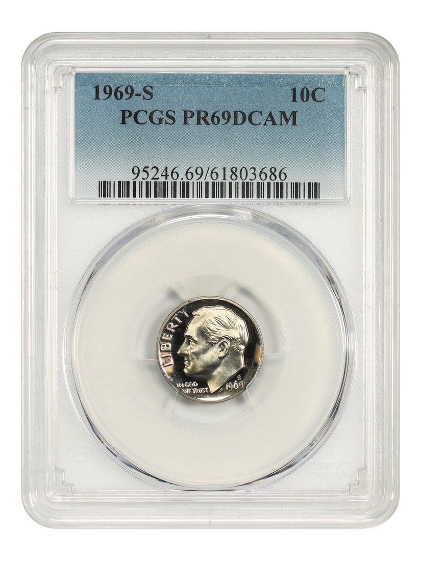 PCGS 10C 1969-S PR69DCAM Roosevelt Dime: PCGS 10C 1969-S PR69DCAM Roosevelt Dime The PCGS 10C 1969-S PR69DCAM Roosevelt Dime boasts an impressive grade of PR69DCAM, indicating exceptional condition and a high level of detail preservation. Th