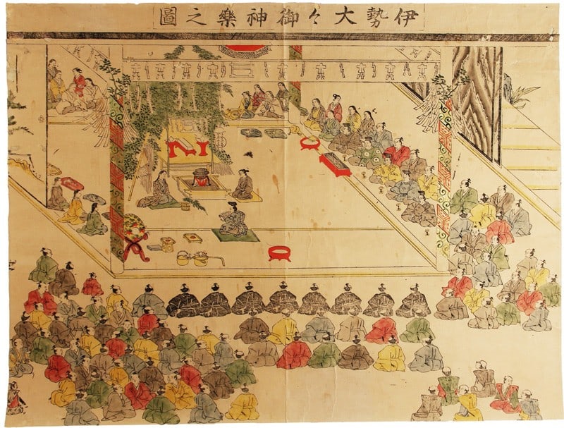 Antique Japanese Woodblock Print Ise Grand Shrine Kagura Ritual Late Edo Era: Antique Japanese Woodblock Print Ise Grand Shrine Kagura Ritual Late Edo Era Item Specifics: Artist: Unknown Subject: Ise Grand Shrine Shinto Ritual Kagura Dance Material: Washi paper Woodblock ink
