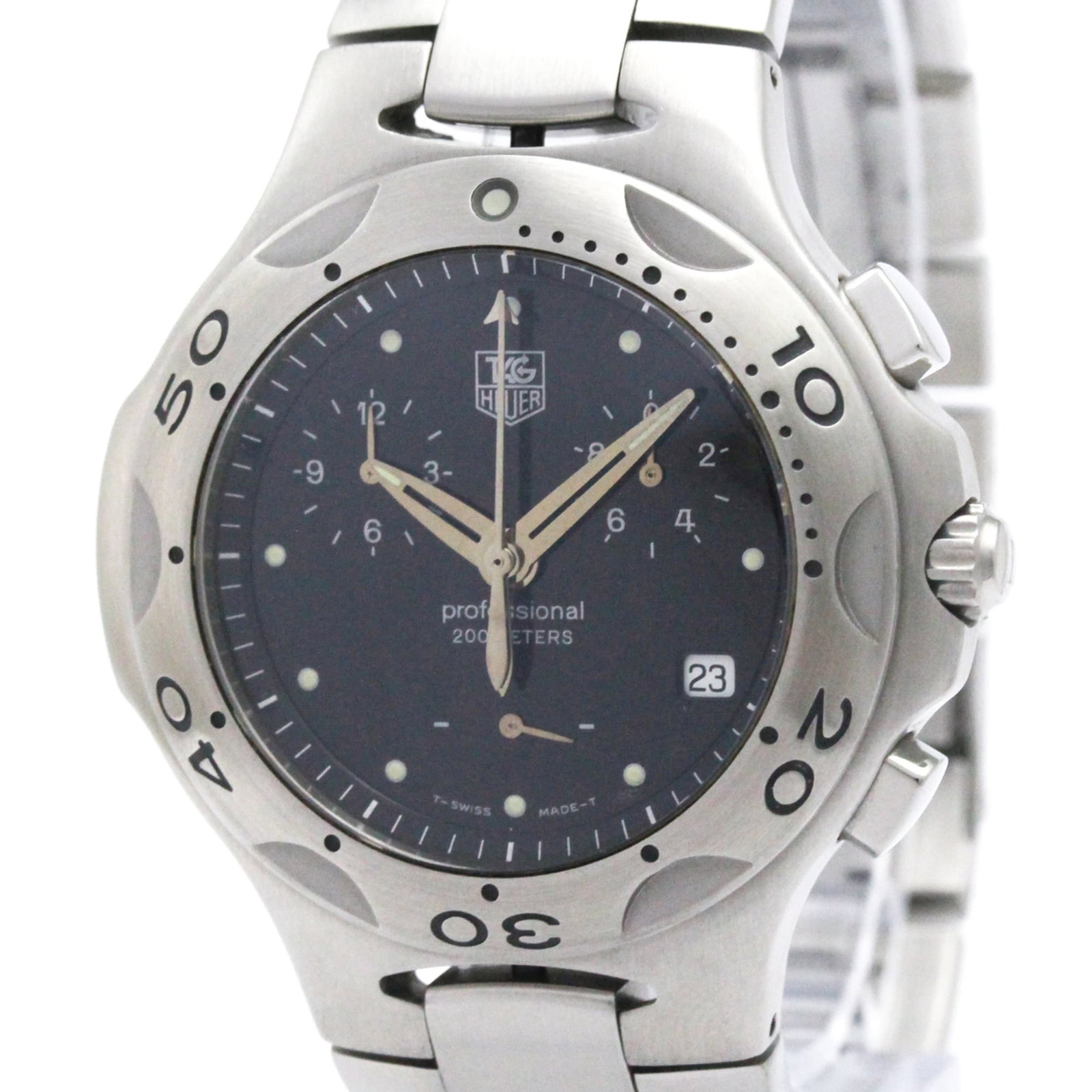 Wristwatch by Tag Heuer: Wristwatch by Tag Heuer Stainless steel case and band provide a sleek, sporty look for the Tag Heuer Kirium watch. The black dial features chronograph and date functions, making it a versatile