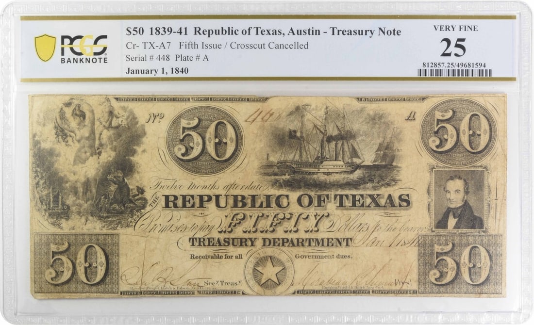 Texas Republic of 1839-41 Crosscut Cancelled VF25 A7 Austin: Texas Republic of 1839-41 Crosscut Cancelled VF25 A7 Austin The Texas Republic of 1839-41 Crosscut Cancelled features a unique design and historical significance, showcasing the early days of the Lone