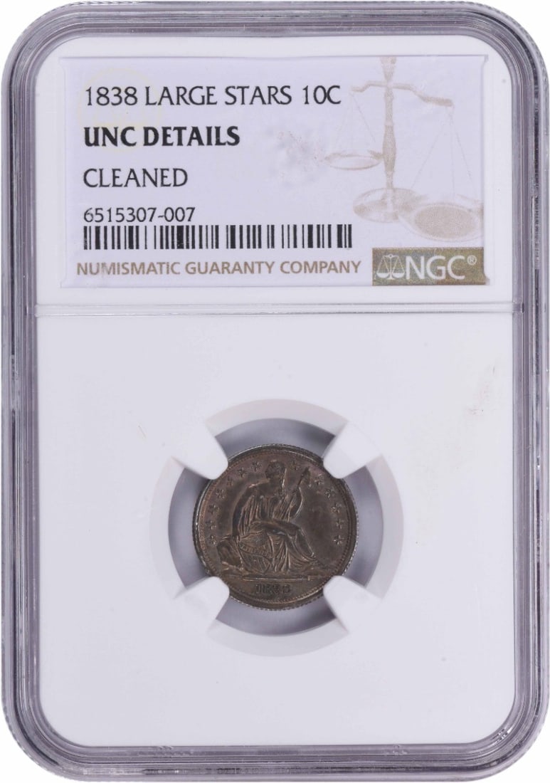 1838 Liberty Seated Dime Large Stars Split Reverse Die Cleaned-UNC Details NGC: 1838 Liberty Seated Dime Large Stars Split Reverse Die Cleaned-UNC Details NGC The 1838 Liberty Seated Dime Large Stars Split Reverse Die Cleaned-UNC Details NGC features a unique combination of histo