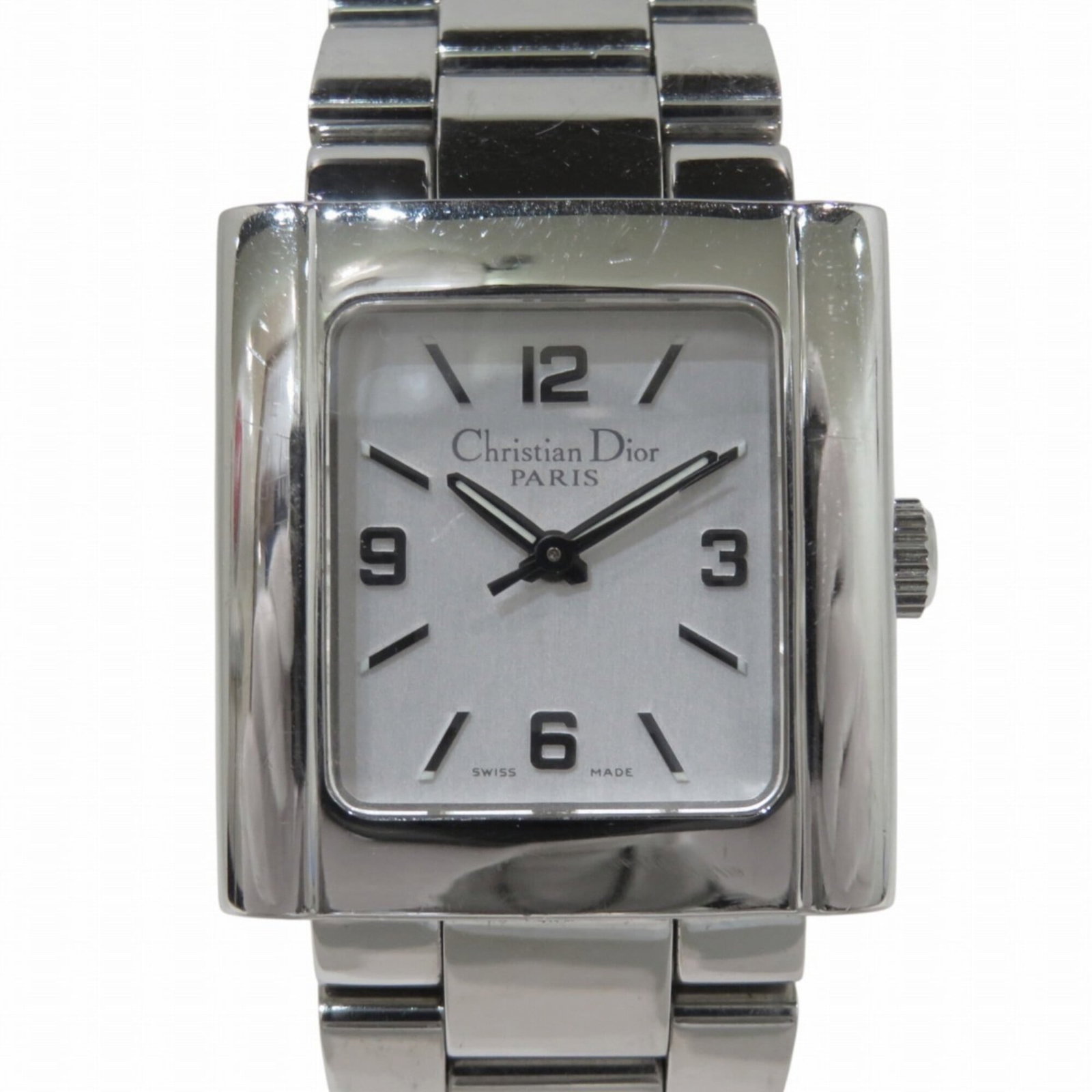 Wristwatch by Christian Dior: Wristwatch by Christian Dior Stainless steel case and band, the Christian Dior wristwatch boasts a sleek silver dial. With a quartz movement and compact 25mm diameter, this timepiece is designed for e