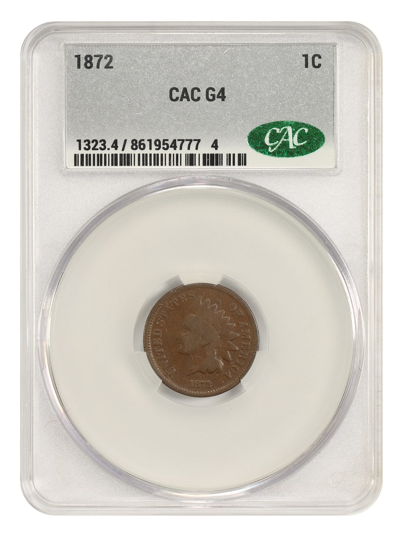 1872 1C CACG Good 04 - Indian Cent - Key Date: 1872 1C CACG Good 04 - Indian Cent - Key Date 1872 Indian Cent with a notable CACG certification, bearing the hallmark of Good 04 condition. This circulated coin showcases its age and wear, making it 