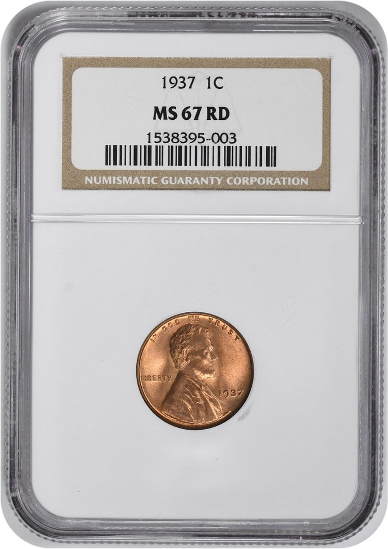1937 Lincoln Cent MS67RD NGC: 1937 Lincoln Cent MS67RD NGC The 1937 Lincoln Cent MS67RD NGC is a highly detailed and well-preserved coin, graded MS67 by the Numismatic Guaranty Corporation. Its uncirculated condition showcases exc