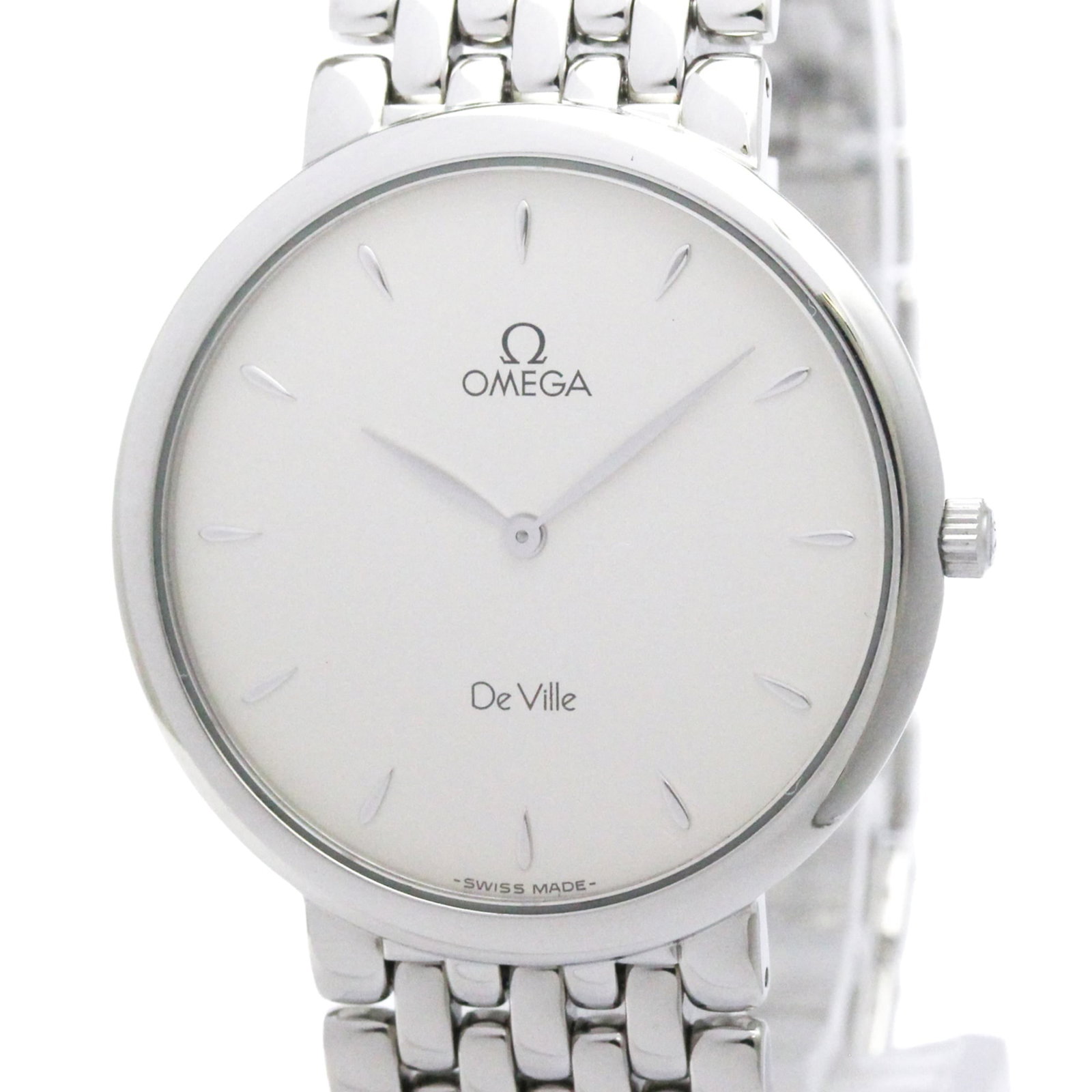 Omega Wristwatch: Omega Wristwatch Omega De Ville quartz wristwatch with silver dial, stainless steel case and band, weighing 60g. This 32mm timepiece features a quartz movement and bears a serial number for added prov