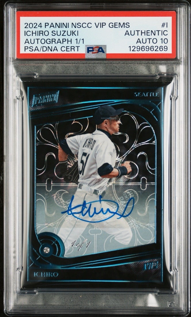 2024 PANINI NSCC VIP GEMS ICHIRO SUZUKI #I AUTO 1/ 1 PSA AUTO 10: 2024 PANINI NSCC VIP GEMS ICHIRO SUZUKI #I AUTO 1/ 1 PSA AUTO 10 2024 PANINI NSCC VIP GEMS ICHIRO SUZUKI #I AUTO 1/ 1 PSA AUTO 10 - A Rare, One-of-One Gem from Ichiro Suzuki's 2024 Baseball Season. Th