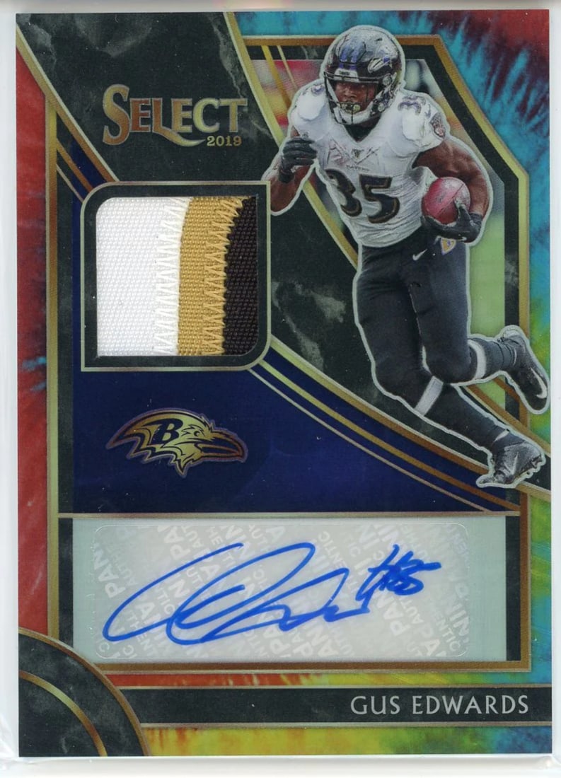 Gus Edwards Autographed 2019 Panini Select Prizm Rookie Jersey Card (1 of 2)