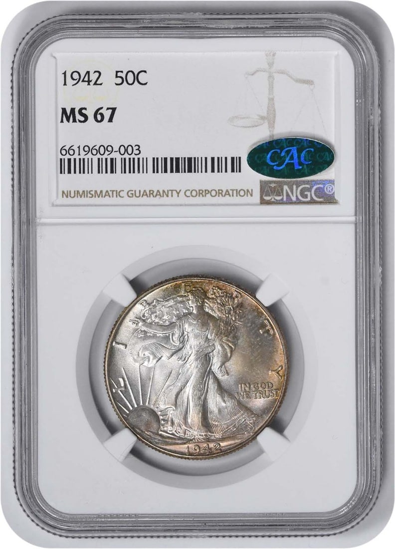 Silver Half Dollar 1942 Walking Liberty MS67 NGC CAC: Silver Half Dollar 1942 Walking Liberty MS67 NGC CAC The 1942 Silver Half Dollar, certified MS67 by NGC and bearing the CAC mark, showcases exceptional detail and luster. This coin features the iconic