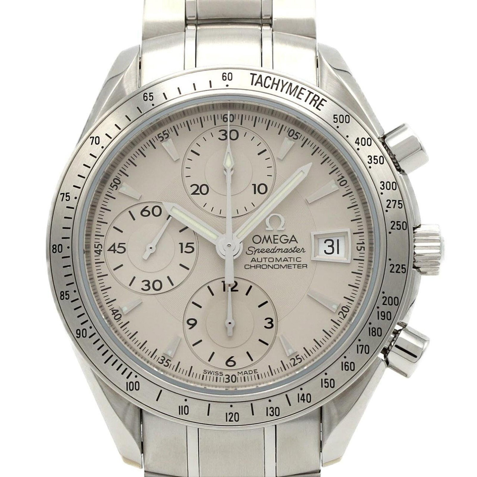 Omega Wristwatch: Omega Wristwatch Stainless steel case and band provide a durable foundation for this silver-dial Omega wristwatch, featuring a self-winding automatic movement. The 40mm diameter case is designed to