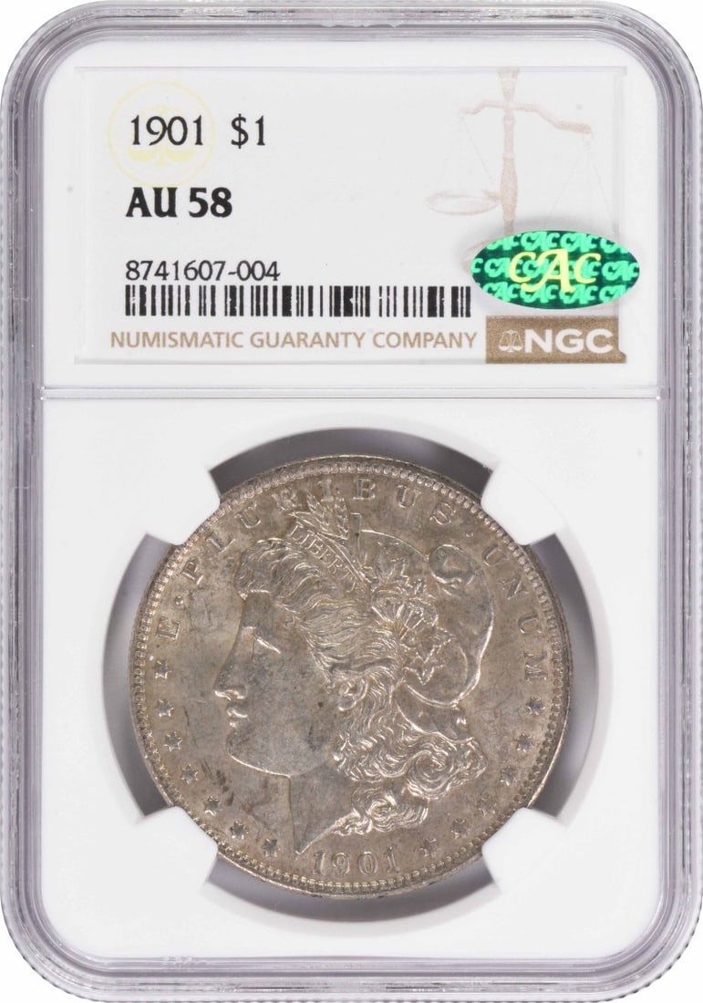 1901 Morgan Silver Dollar AU58 NGC (CAC): 1901 Morgan Silver Dollar AU58 NGC (CAC) The 1901 Morgan Silver Dollar, graded AU58 by the Numismatic Guaranty Corporation (NGC), boasts an attractive circulated condition. This silver coin features