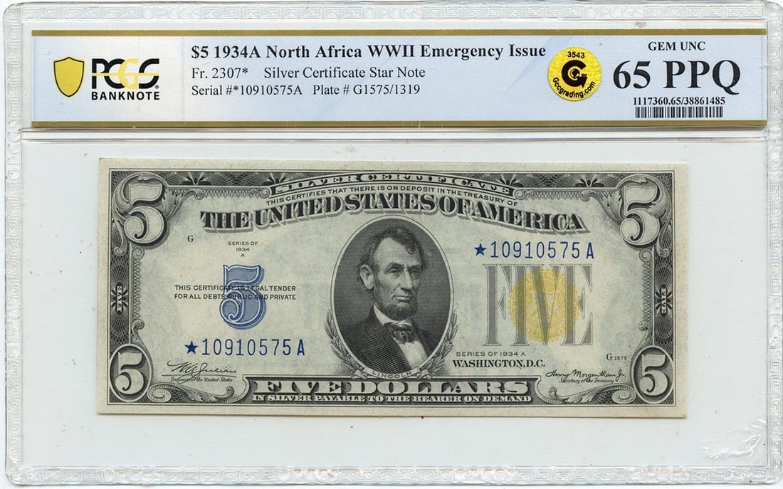 1934A $5 WWII N Africa FR#2307* PCGS BankNote 65 Gem PPQ Star Note GCC Gold: 1934A $5 WWII N Africa FR#2307* PCGS BankNote 65 Gem PPQ Star Note GCC Gold This 1934A $5 WWII N Africa Star Note, graded MS65 by PCGS Banknote and certified as PPQ, boasts a stunning Gem condition.
