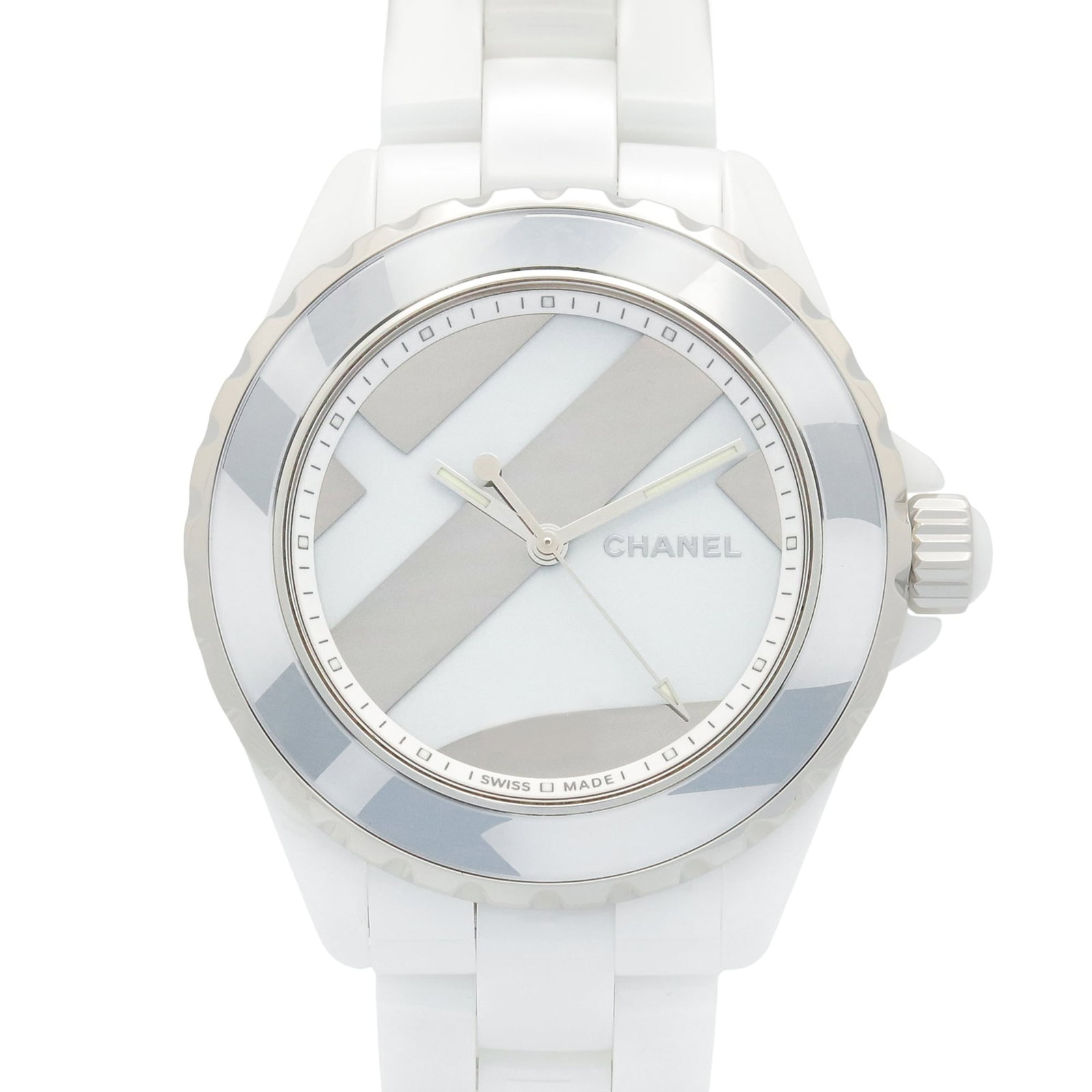 Chanel Wristwatch: Chanel Wristwatch Ceramic case and band create a sleek, modern look for the Chanel wristwatch. The self-winding automatic movement powers a white dial with a diameter of 39mm, making it a stylish acce