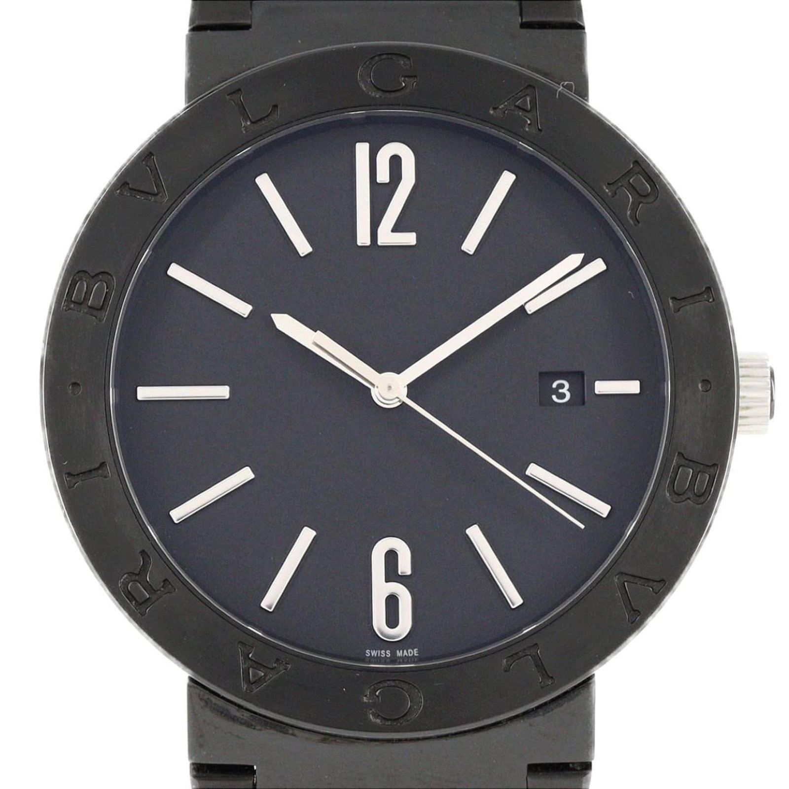 Bvlgari Wristwatch: Bvlgari Wristwatch Stainless steel case and band provide a sleek, modern look for the Bvlgari wristwatch. This self-winding automatic timepiece features a black dial and measures 41mm in diameter, sui