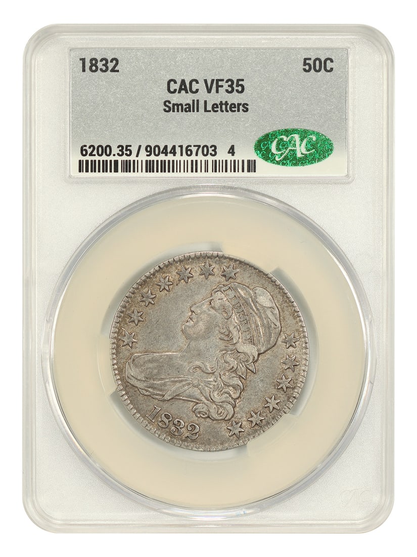 1832 50C CACG VF35 (Small Letters) - Capped Bust Half Dollar: 1832 50C CACG VF35 (Small Letters) - Capped Bust Half Dollar 1832 Capped Bust Half Dollar, a rare and historic coin from the early days of American currency. Certified by CACG with a VF35 grade, this 