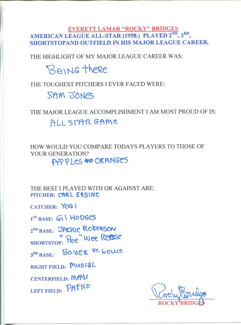 Everett Lamar "Rocky" Bridges Autographed Hand Filled Out Survey Page (1 of 1)